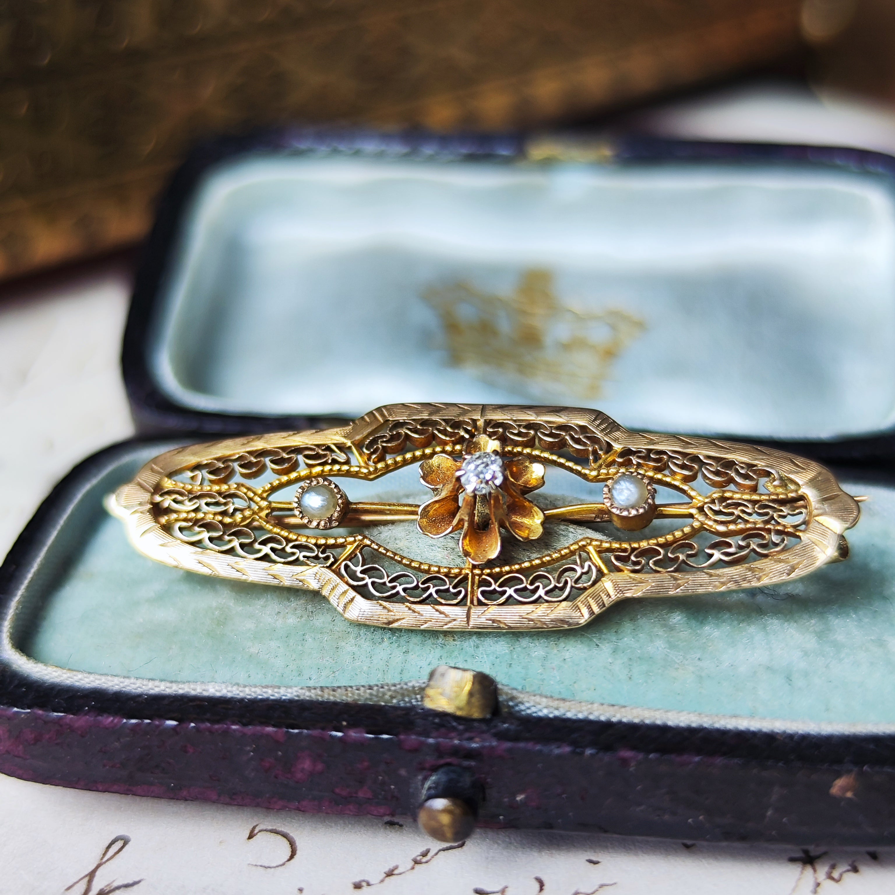 イギリス アンティーク 天然ダイヤモンド 天然真珠 ブローチ