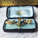 【お値下げ】イギリス アンティーク エトルスカンリバイバル 天然ダイヤモンド 天然サファイア ブローチ