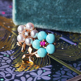 MIKIMOTO ミキモト あこや真珠 ダイヤモンド ターコイズ ルビー フラワーブローチ