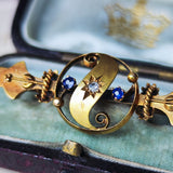 【お値下げ】イギリス アンティーク エトルスカンリバイバル 天然ダイヤモンド 天然サファイア ブローチ