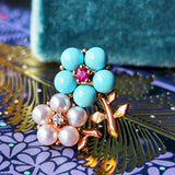 MIKIMOTO ミキモト あこや真珠 ダイヤモンド ターコイズ ルビー フラワーブローチ