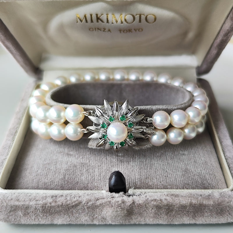 MIKIMOTO ミキモト　天然真珠ブレスレット 専用ケース付き MIKIMOTO ミキモト あこや真珠 天然エメラルド ブレスレット