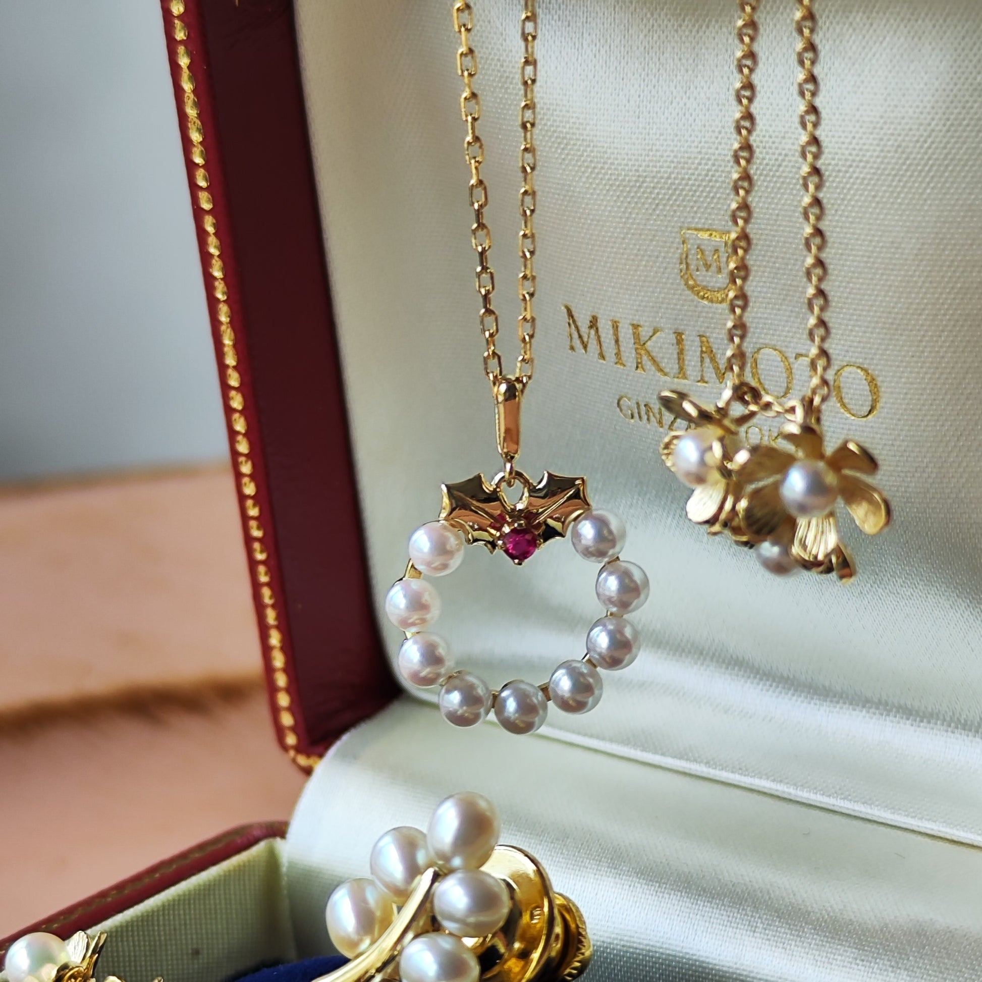 MIKIMOTO ミキモト リースモチーフ 天然ルビー あこや真珠 ネックレス