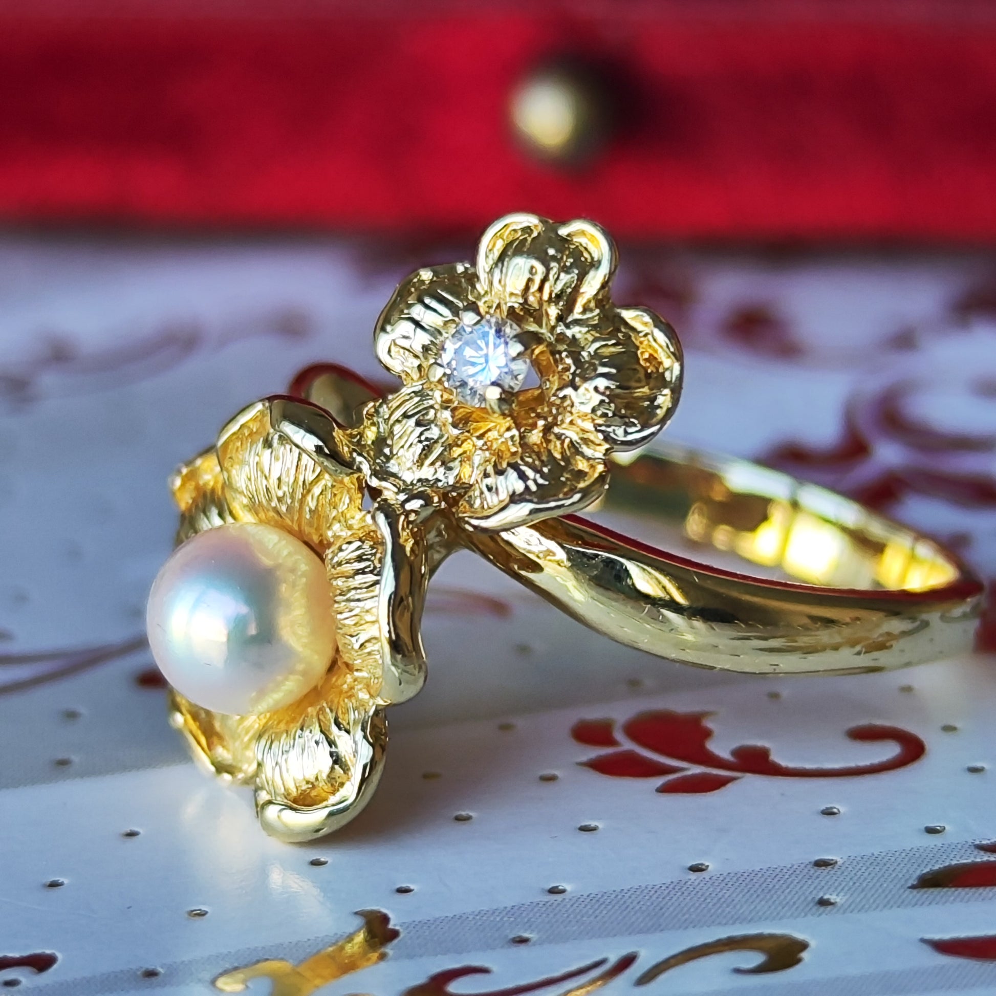 MIKIMOTO ミキモト フラワーリング 天然ダイヤモンド あこや真珠 18金