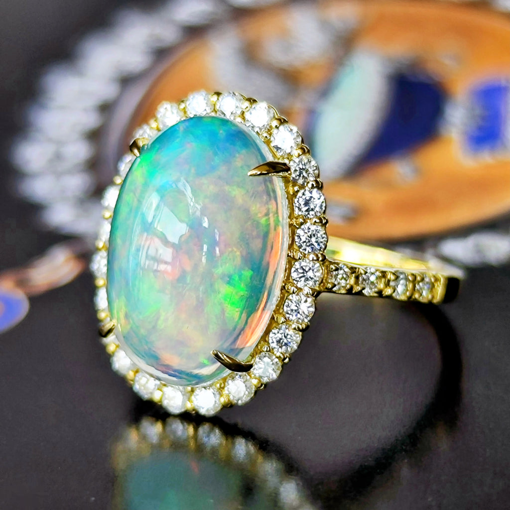 天然オパール エチオピア産 3.22ct 天然ダイヤモンド リング