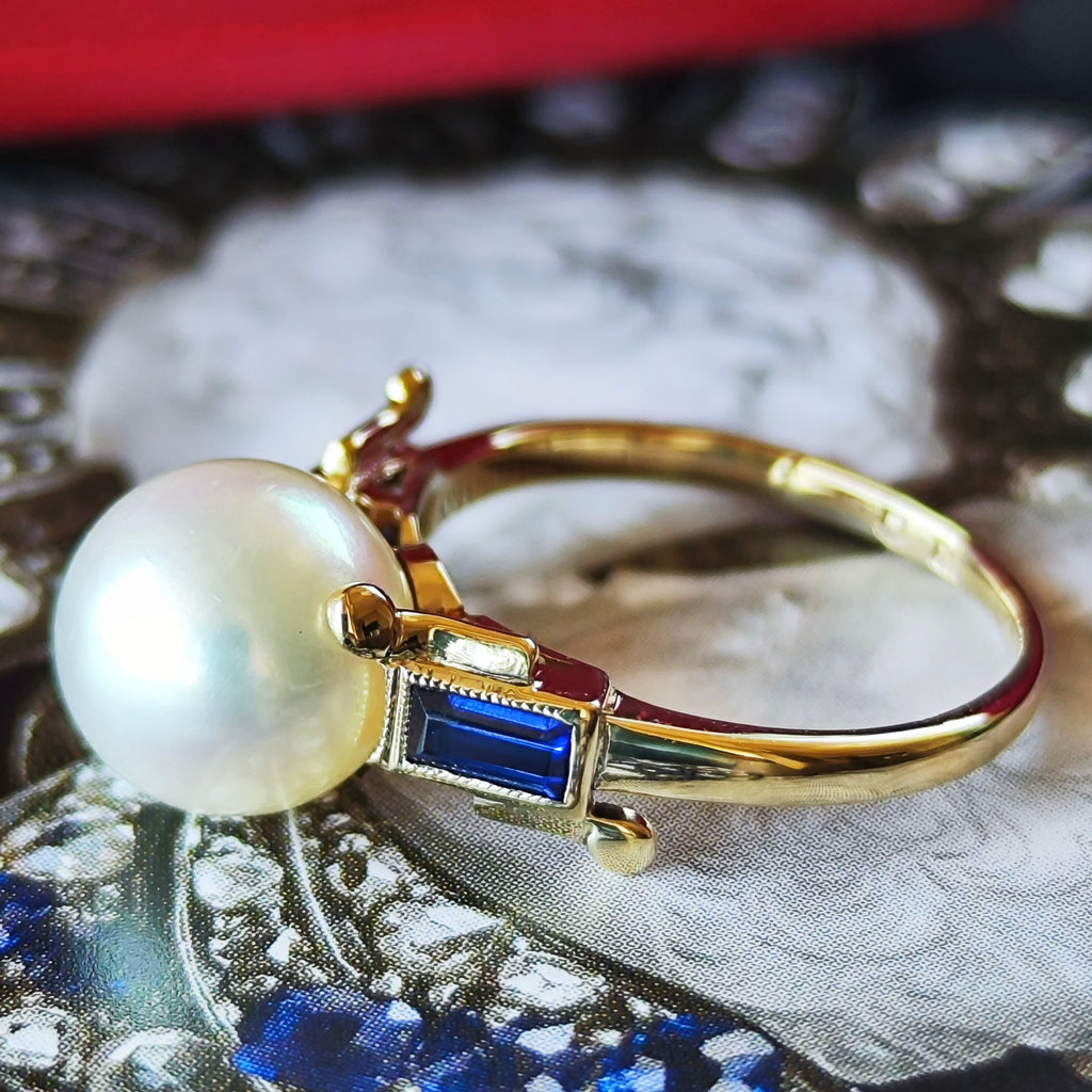 【オールドミキモト 】MIKIMOTO ミキモト あこや真珠 合成サファイア 14金 リング