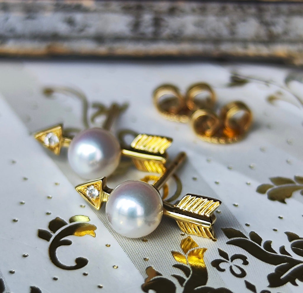 MIKIMOTO ミキモト 矢のモチーフ あこや真珠 天然ダイヤモンド 18金ピアス