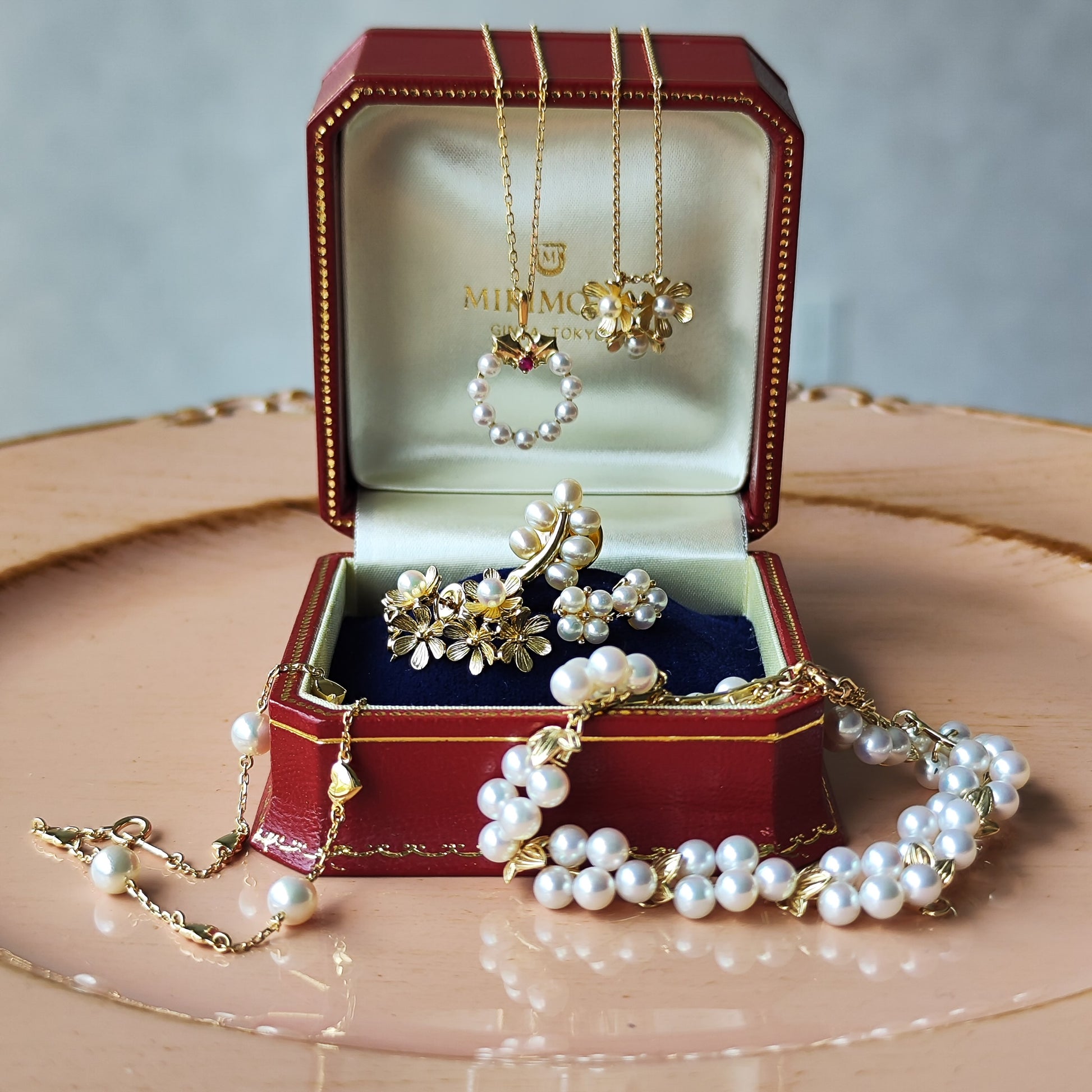 MIKIMOTO ミキモト リースモチーフ 天然ルビー あこや真珠 ネックレス