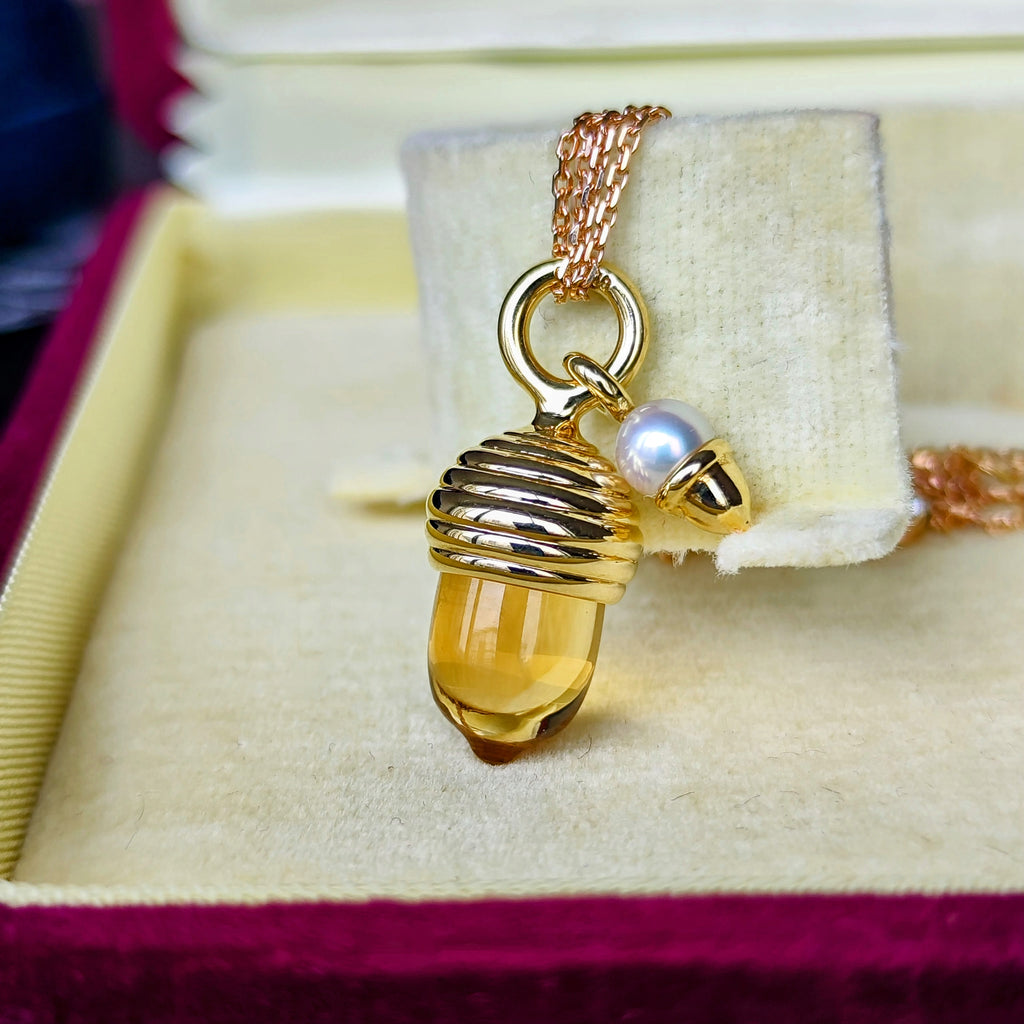 MIKIMOTO ミキモト どんぐりのモチーフ天然シトリン あこや真珠 ペンダントトップ