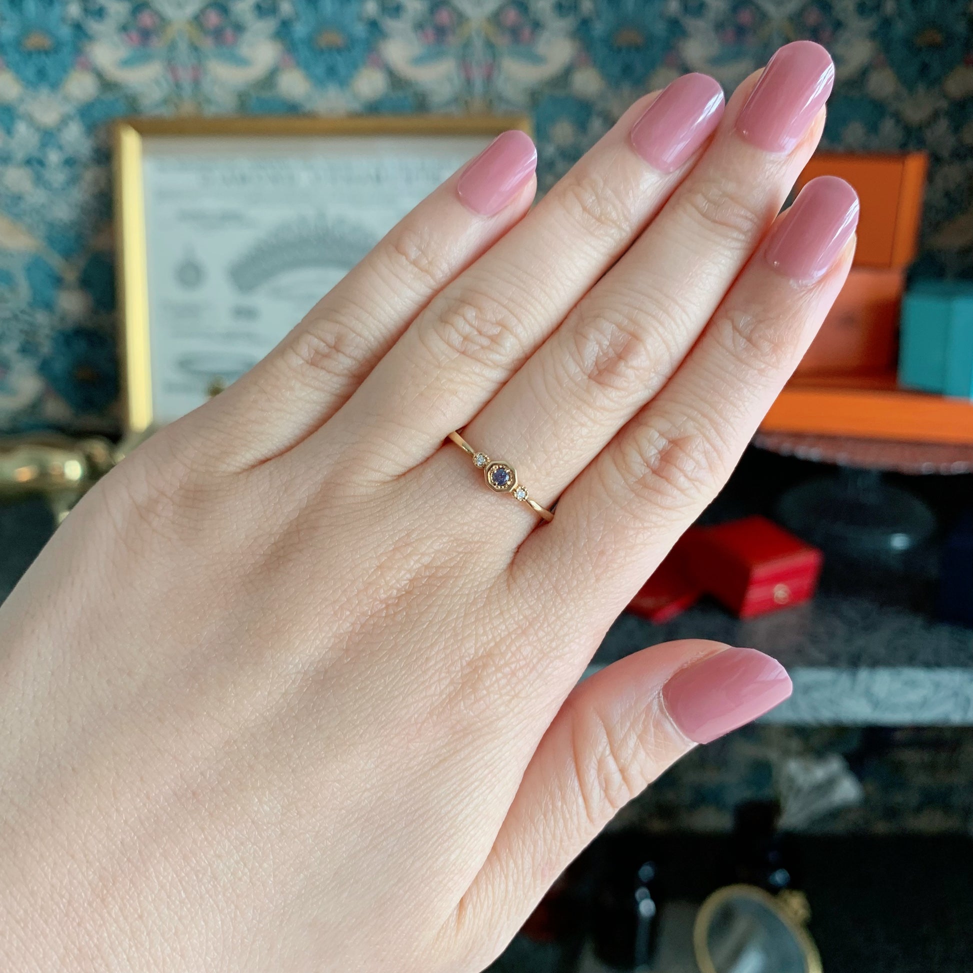 天然アレキサンドライト 天然ダイヤモンド 18金リング