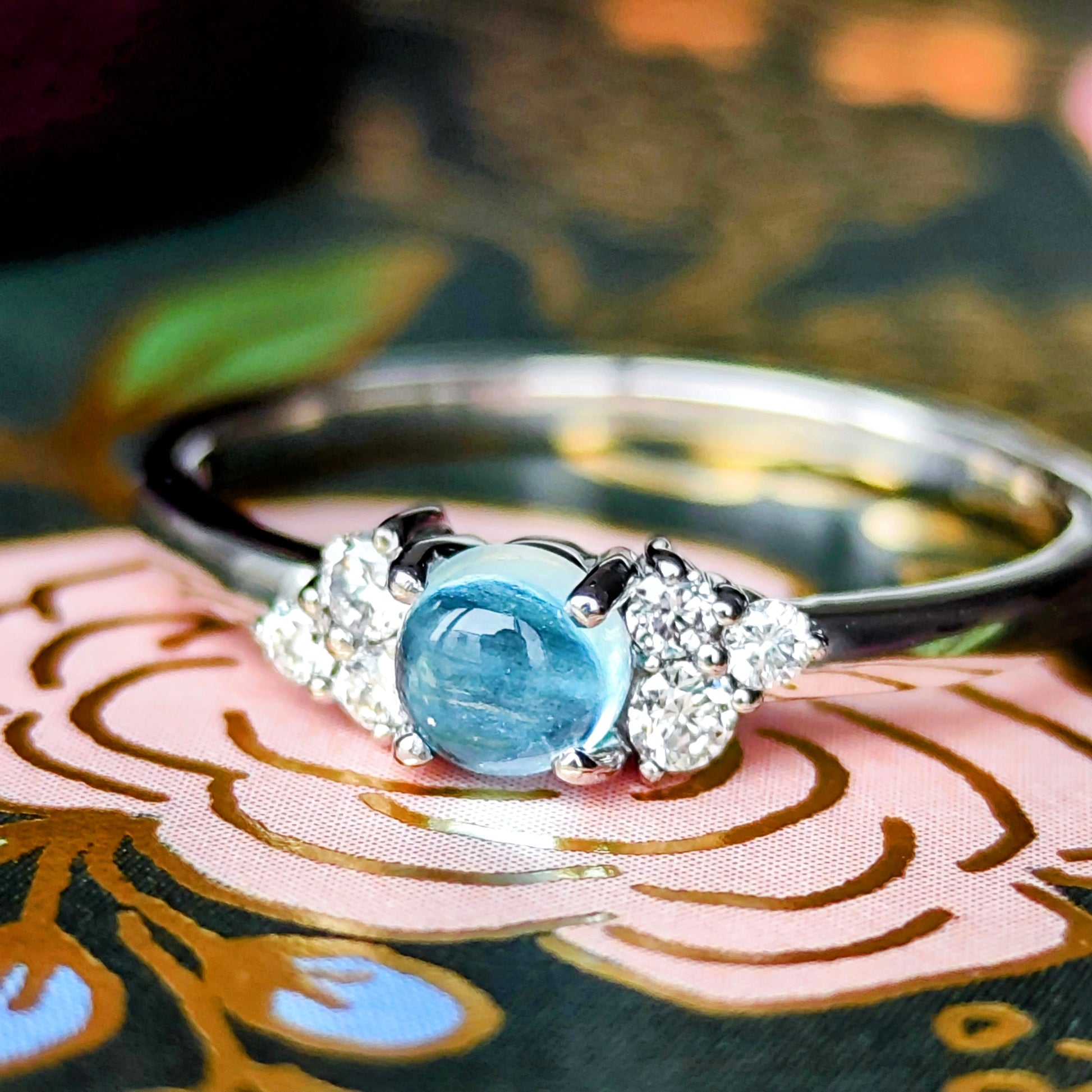 天然アクアマリンキャッツアイ 天然ダイヤモンド プラチナリング