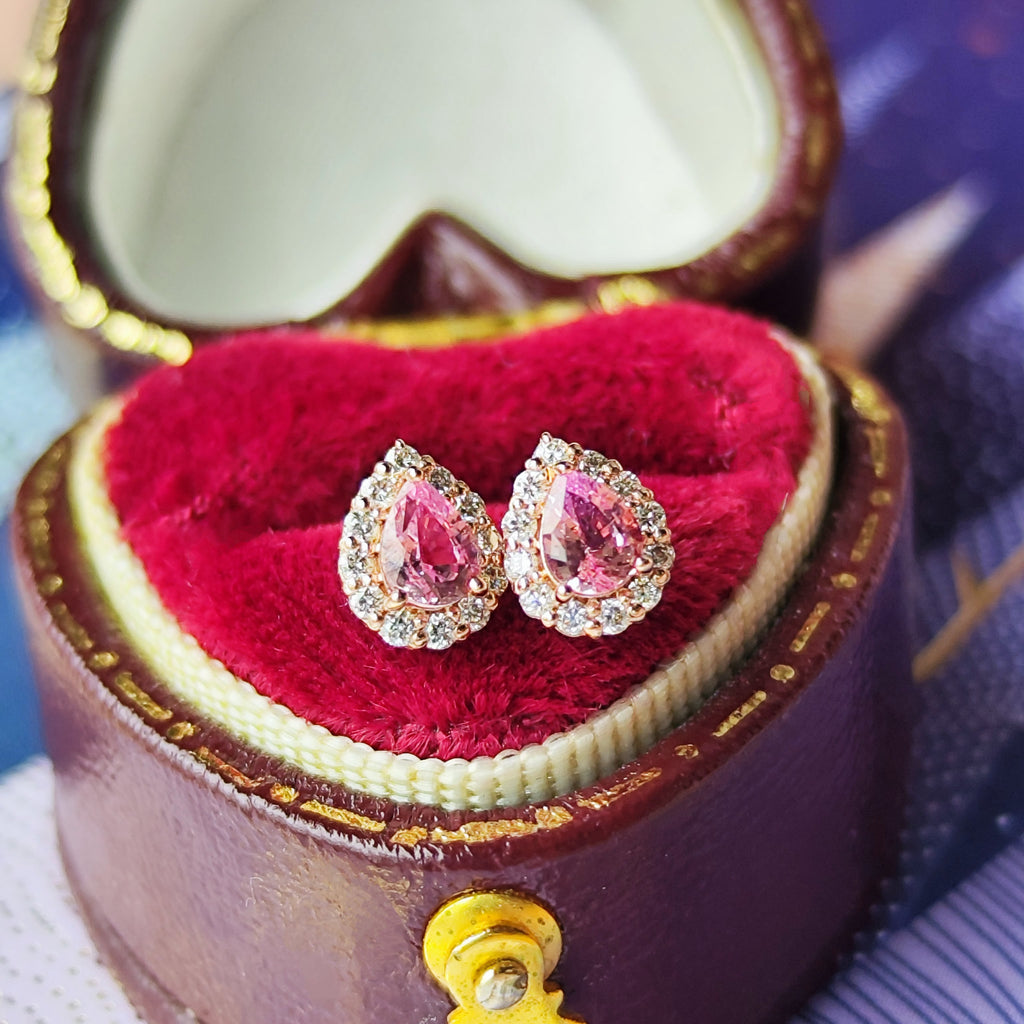 天然パパラチアサファイア ペアシェイプ天然ダイヤモンド 18金PGピアス