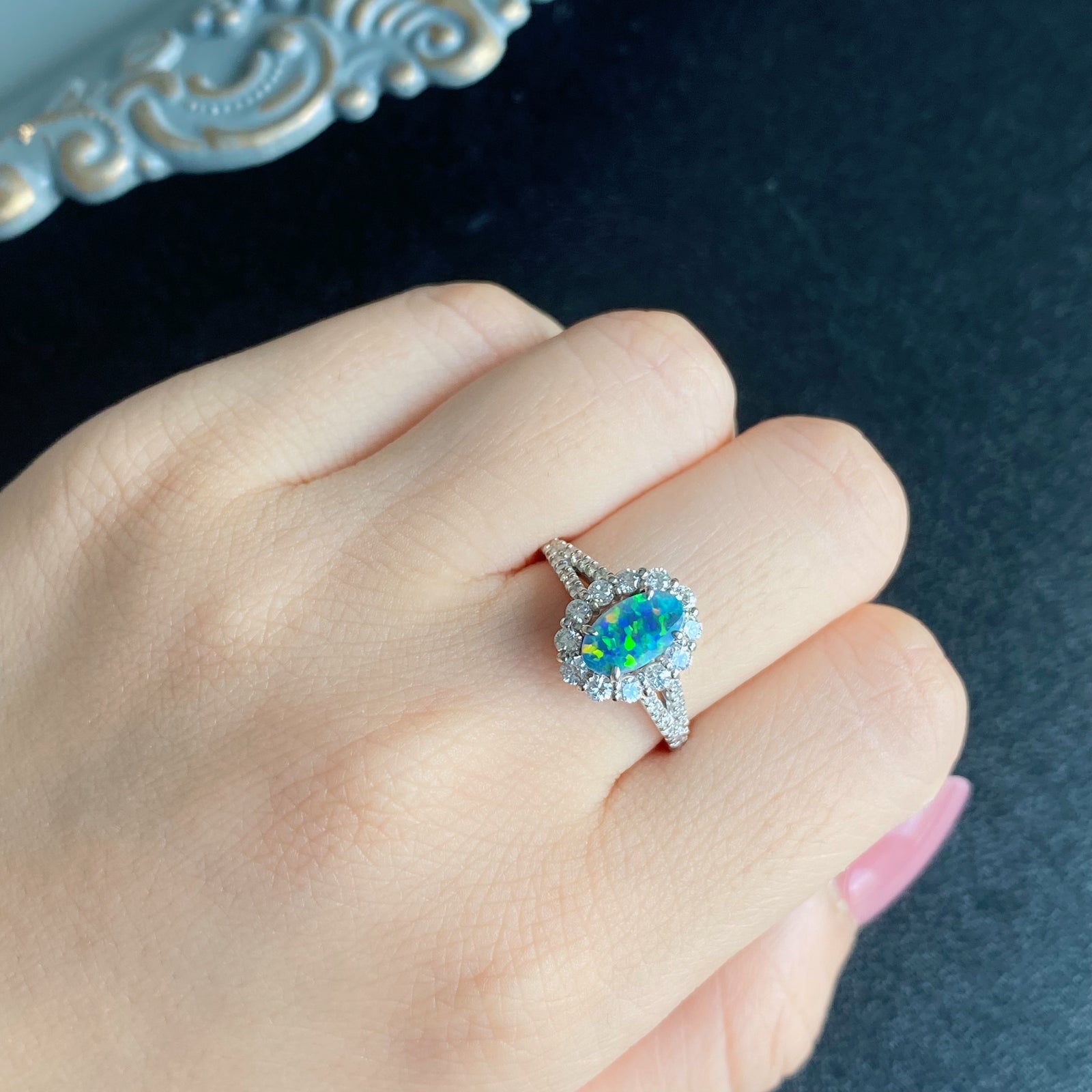 天然ブラックオパール オーストラリア産 天然ダイヤモンド リング