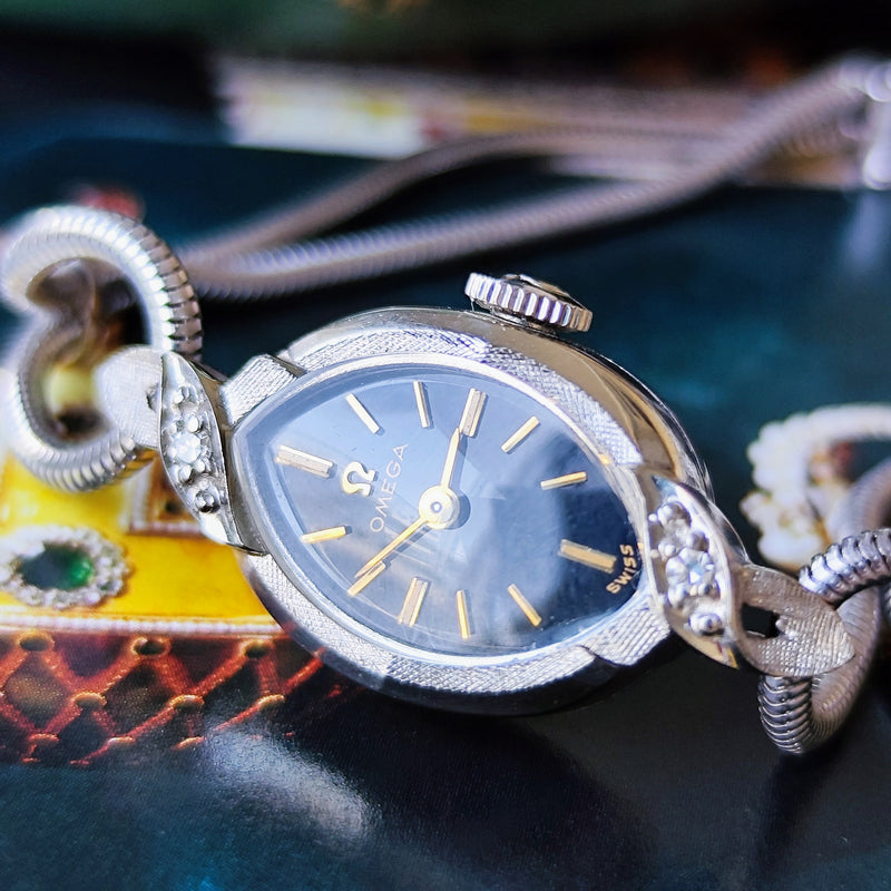 【OH済み 14金無垢時計】OMEGA オメガ 黒文字盤 ダイヤモンドベゼル カクテルウォッチ