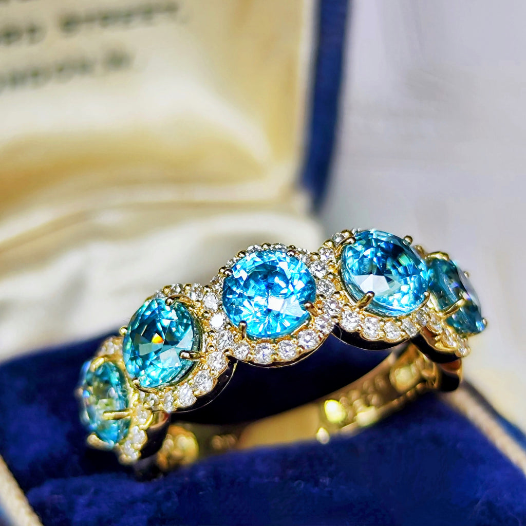 【5石】天然ブルージルコン 4.24ct 天然ダイヤモンド 18金リング