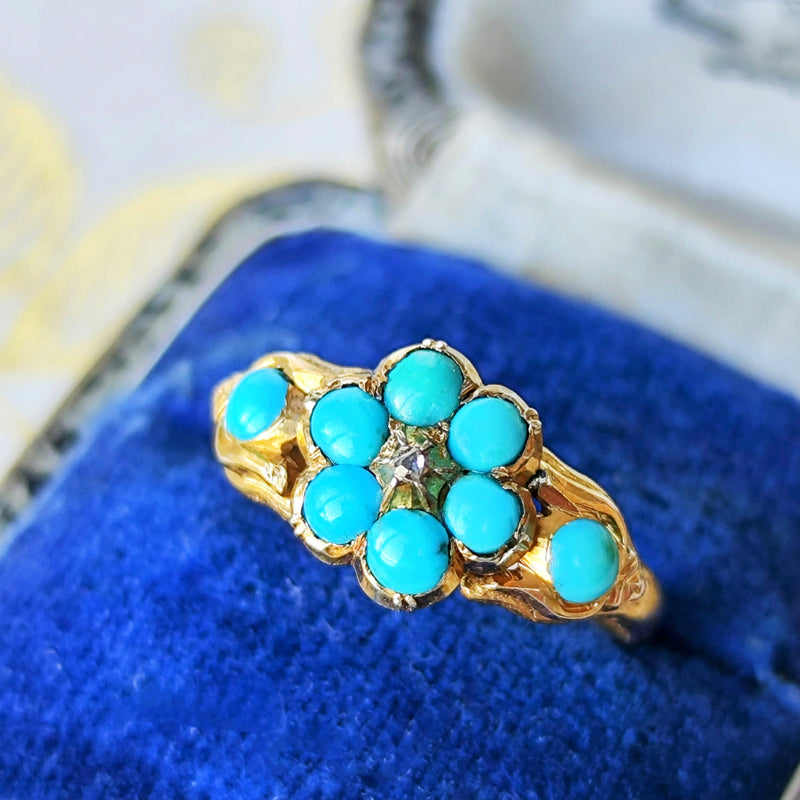 【イギリスアンティーク】トルコ石 天然ローズカットダイヤモンド センチメンタルジュエリー