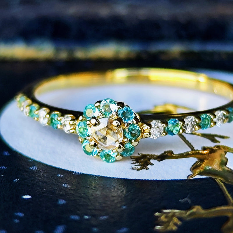 【ローズカット】天然ダイヤモンド 天然パライバトルマリン 18金リング