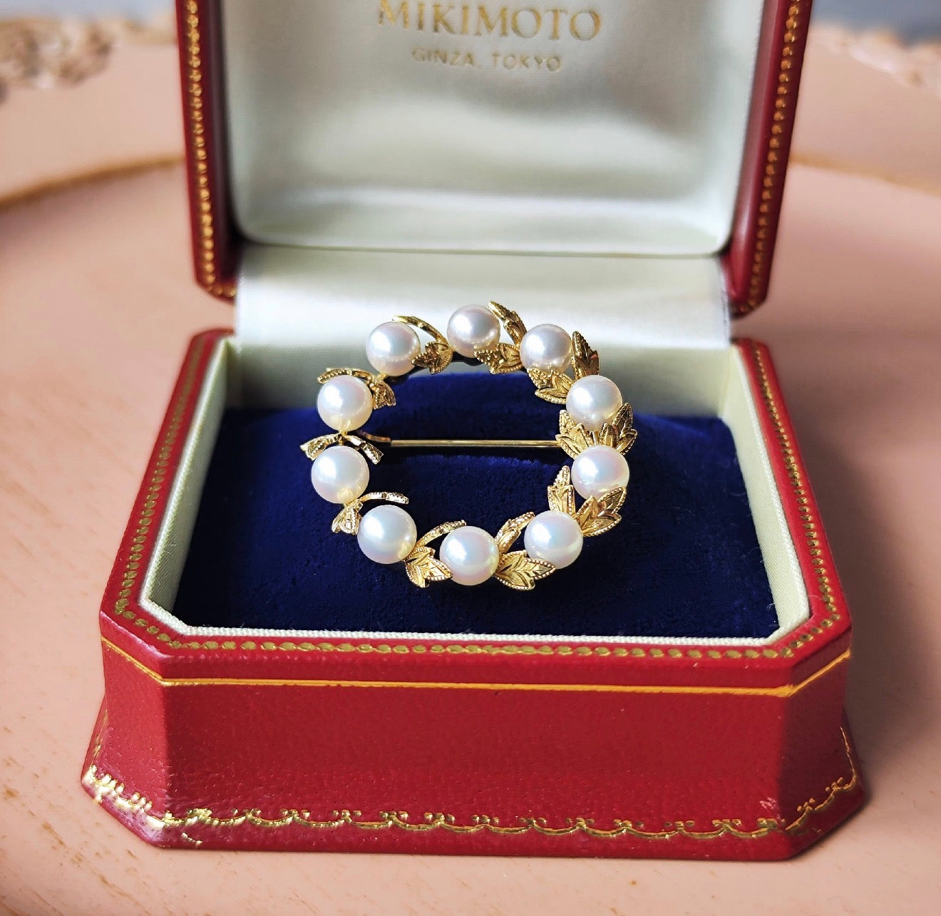 MIKIMOTO ミキモトあこや真珠 リースモチーフ ヴィンテージブローチ 18金