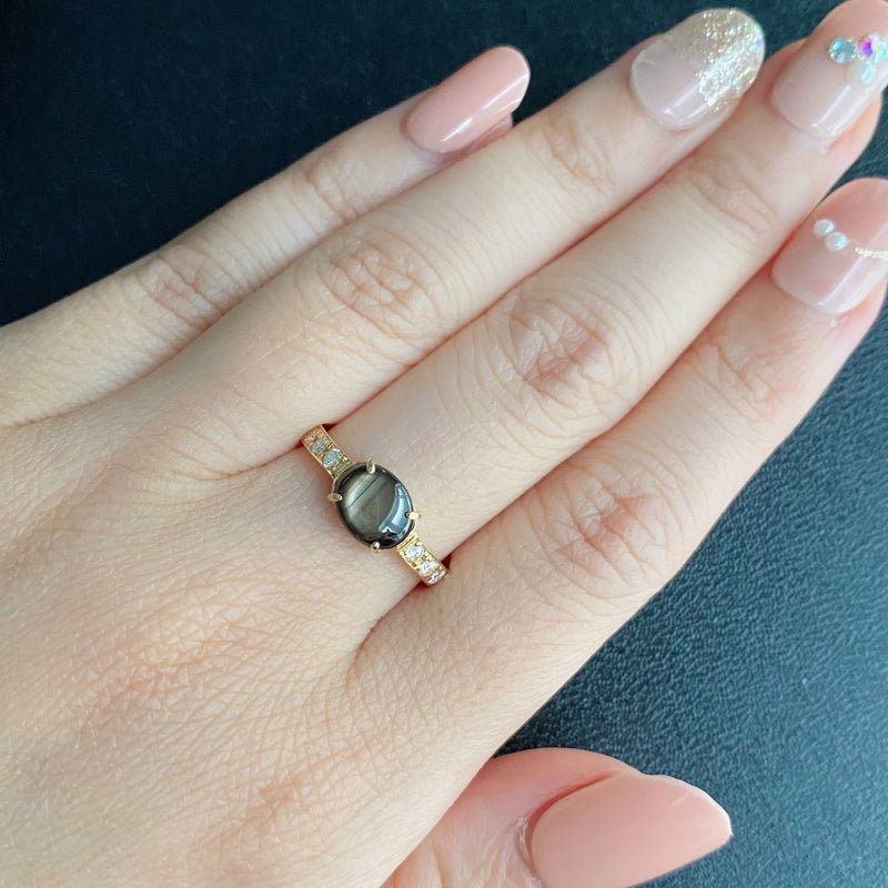 【魅惑の黒い宝石】天然ブラックスターサファイア 天然ダイヤモンド リング