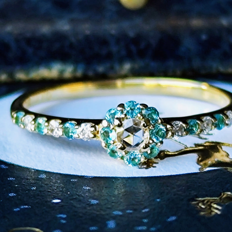 【ローズカット】天然ダイヤモンド 天然パライバトルマリン 18金リング