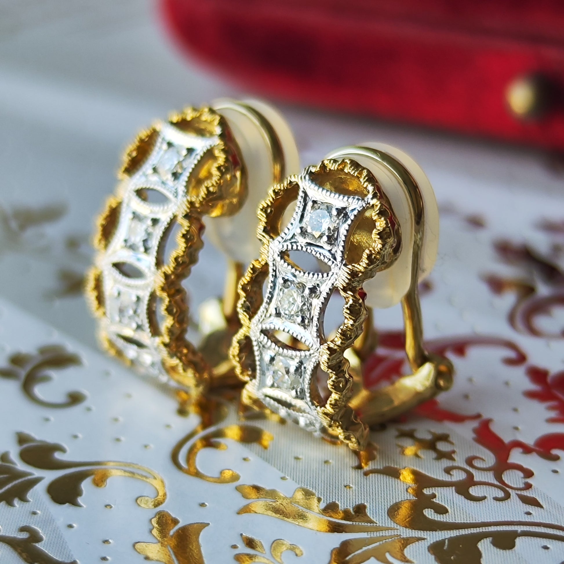 【フィレンツェ彫り】天然ダイヤモンド 18金 イヤリング