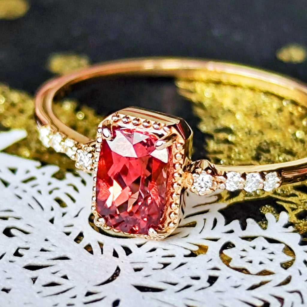 天然マラヤガーネット 0.76ct 天然ダイヤモンド 18金リング