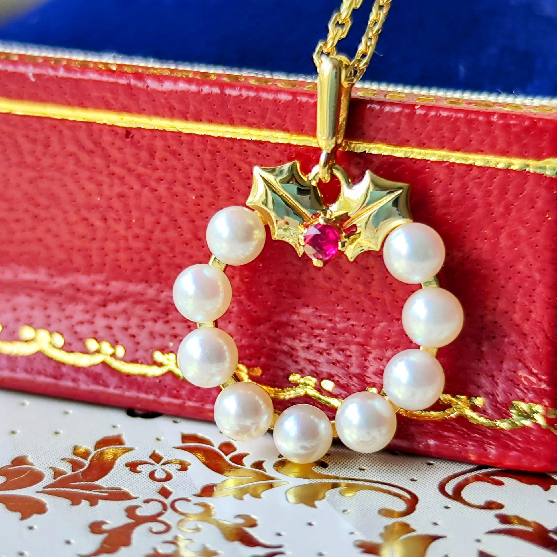 MIKIMOTO ミキモト リースモチーフ 天然ルビー あこや真珠 ネックレス