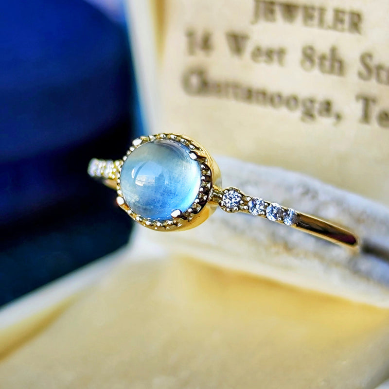 天然アクアマリンキャッツアイ 天然ダイヤモンド 18金リング