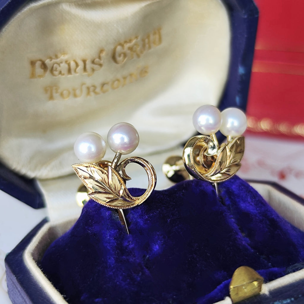 MIKIMOTO ミキモト あこや真珠 和彫り ヴィンテージイヤリング