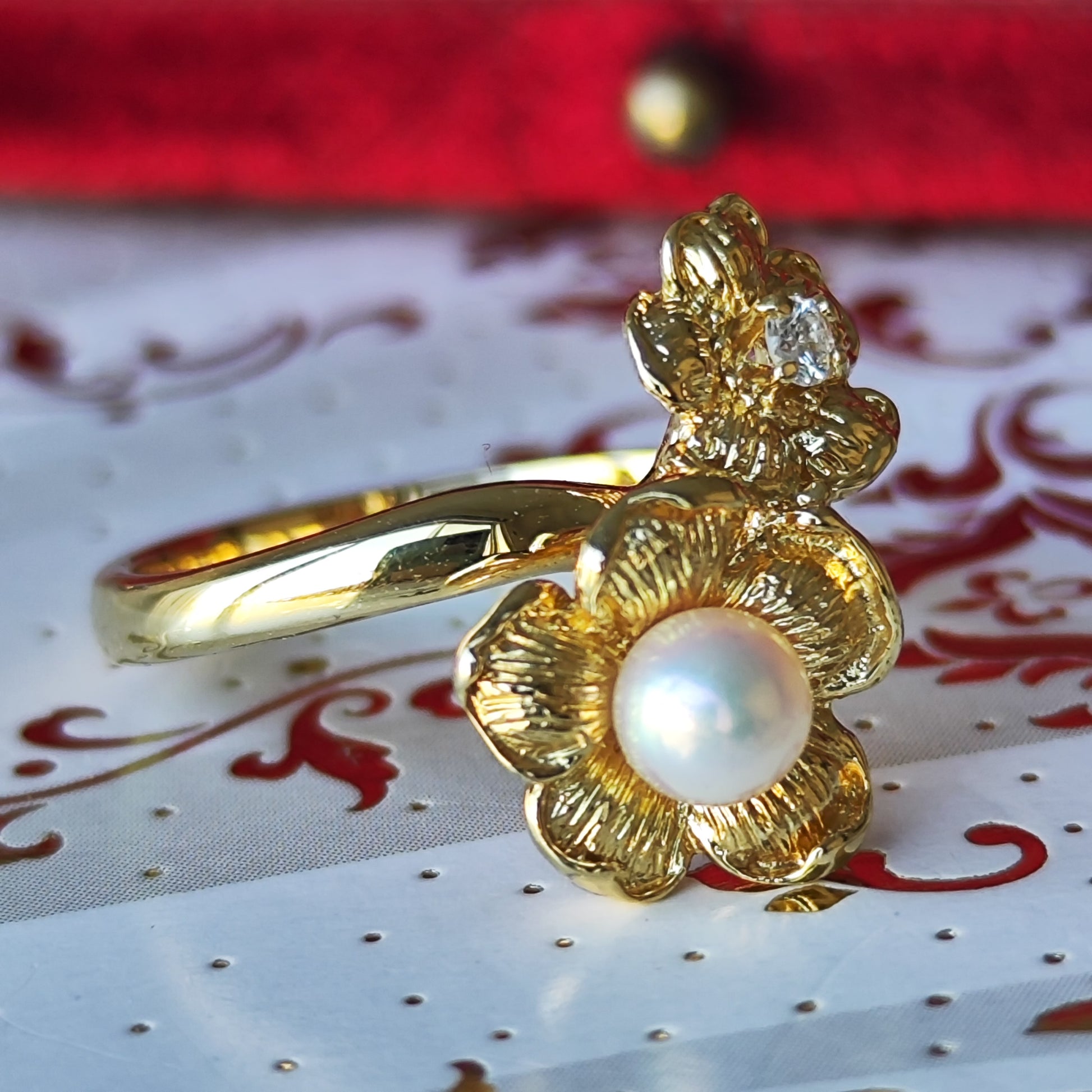 MIKIMOTO ミキモト フラワーリング 天然ダイヤモンド あこや真珠 18金