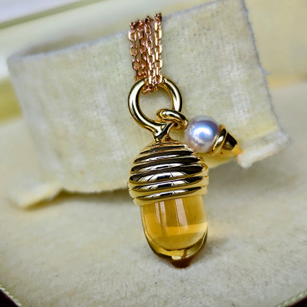 MIKIMOTO ミキモト どんぐりのモチーフ天然シトリン あこや真珠 ペンダントトップ