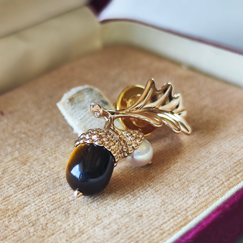 MIKIMOTO ミキモト ドングリのモチーフ タイガーアイ あこや真珠 ブローチ