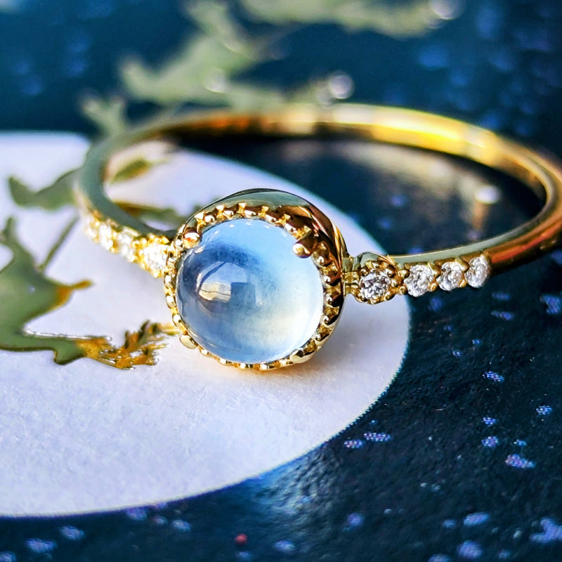 天然アクアマリンキャッツアイ 天然ダイヤモンド 18金リング