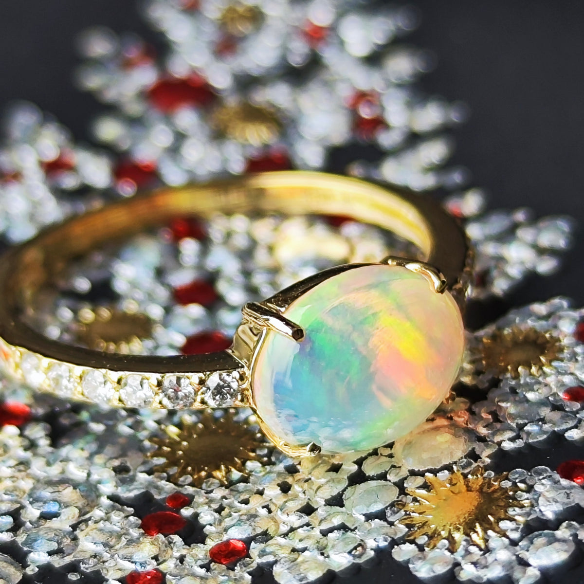 天然オパール エチオピア産 0.93ct 天然ダイヤモンド リング