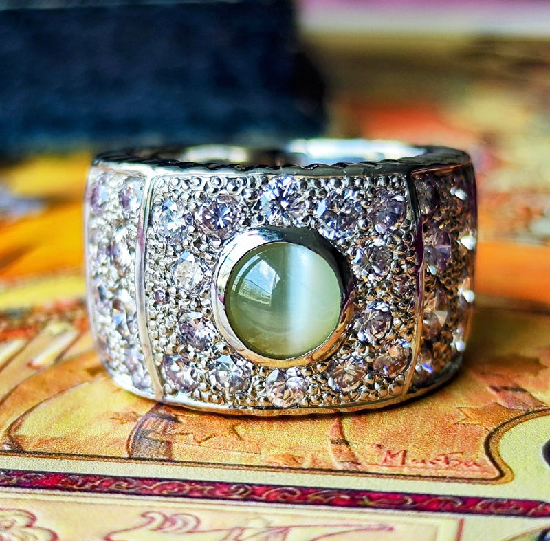 天然クリソベリルキャッツアイ 天然ピンクダイヤモンド プラチナリング