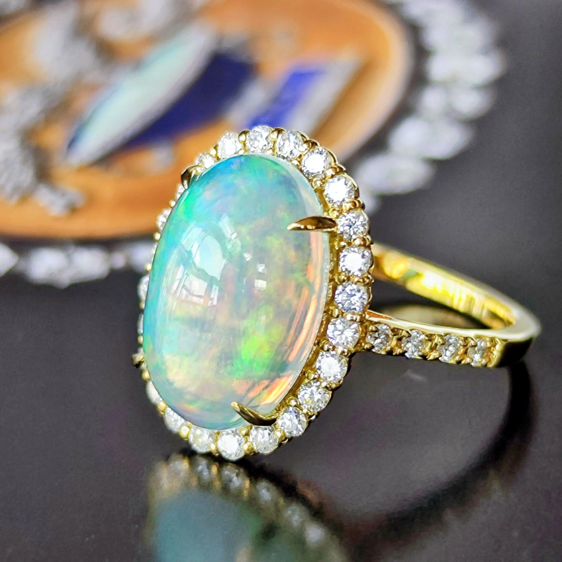 天然オパール エチオピア産 3.22ct 天然ダイヤモンド リング