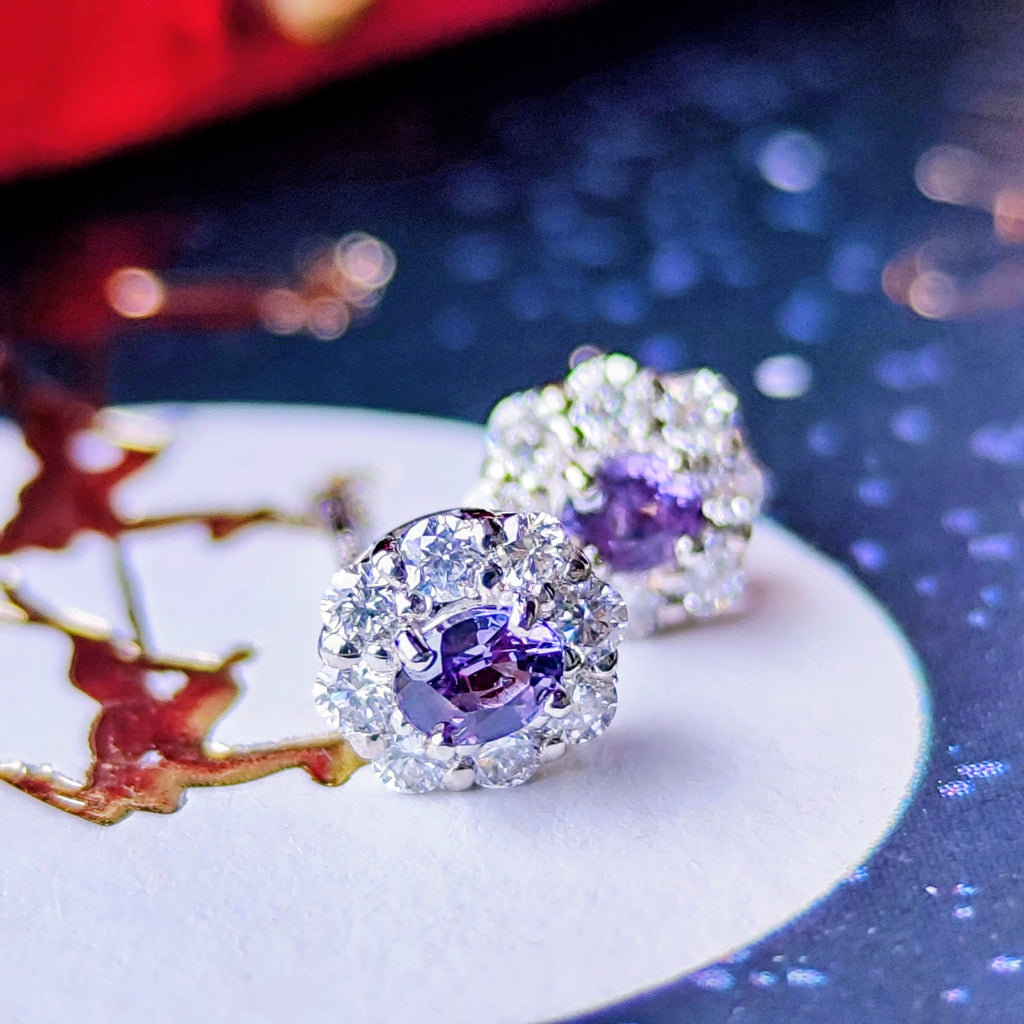 【ベキリーブルー】天然カラーチェンジガーネット 天然ダイヤモンド プラチナピアス