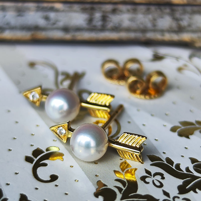 MIKIMOTO ミキモト 矢のモチーフ あこや真珠 天然ダイヤモンド 18金ピアス