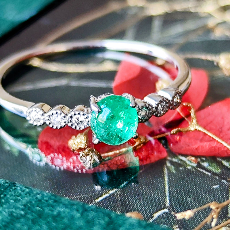 天然エメラルド カボションカット 天然ダイヤモンド リング