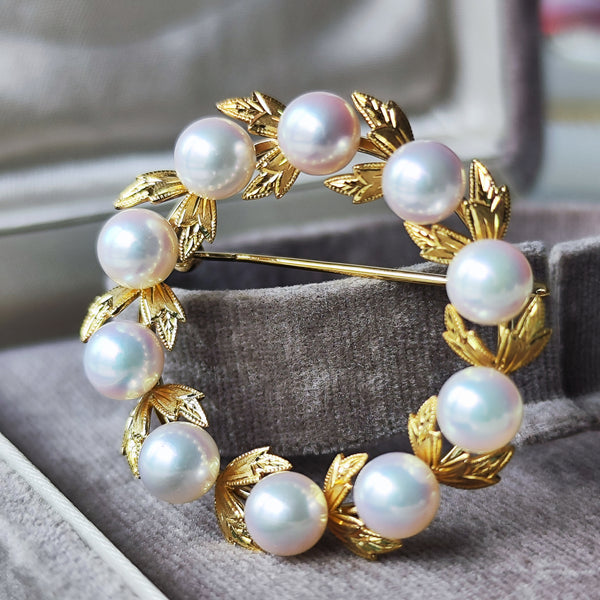 MIKIMOTO ミキモト リース型ブローチ あこや真珠 18金
