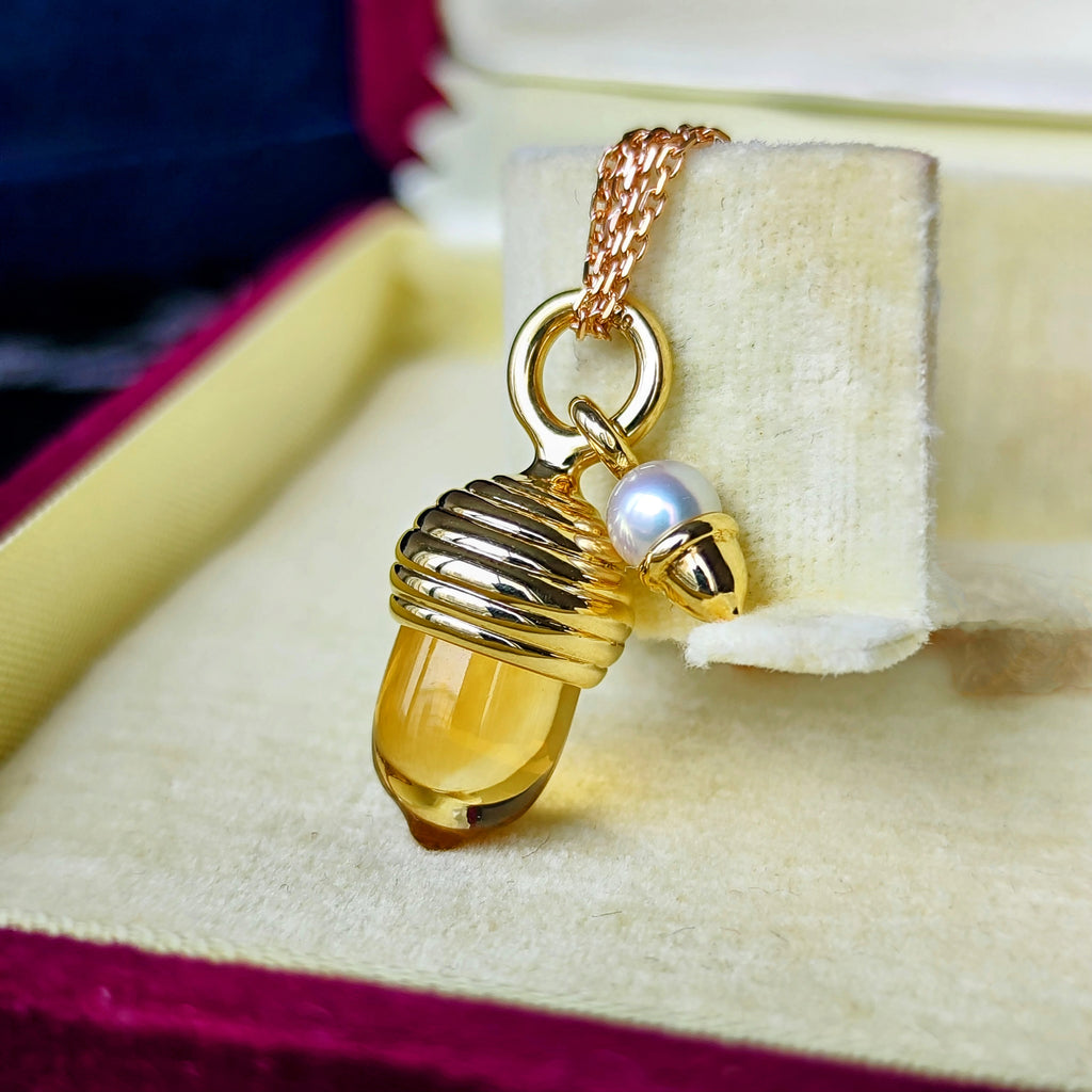 MIKIMOTO ミキモト どんぐりのモチーフ天然シトリン あこや真珠 ペンダントトップ