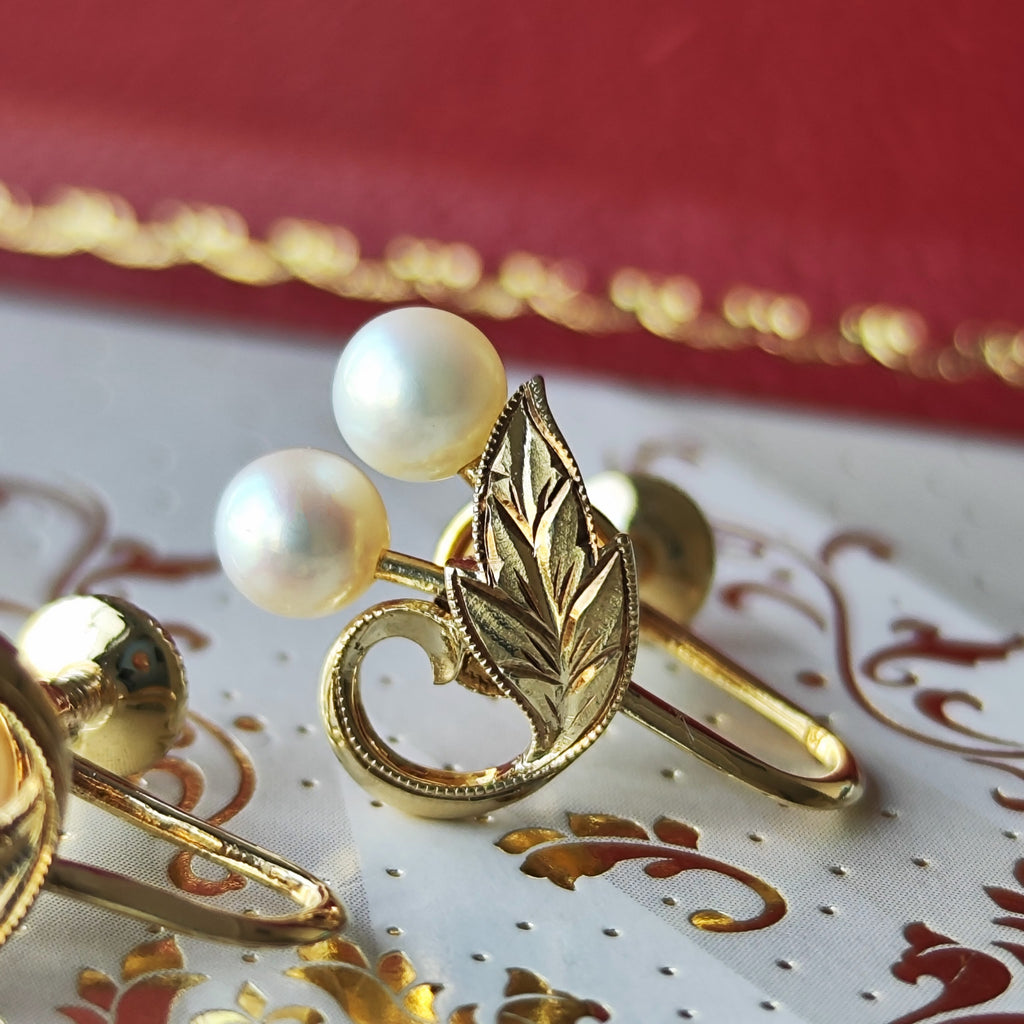 MIKIMOTO ミキモト あこや真珠 和彫り ヴィンテージイヤリング