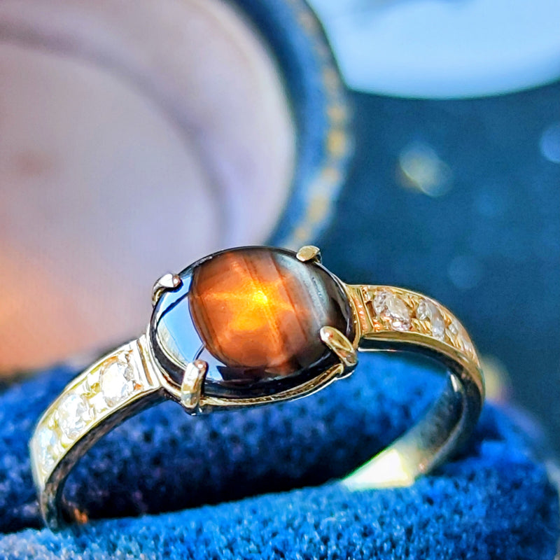 【魅惑の黒い宝石】天然ブラックスターサファイア 天然ダイヤモンド リング