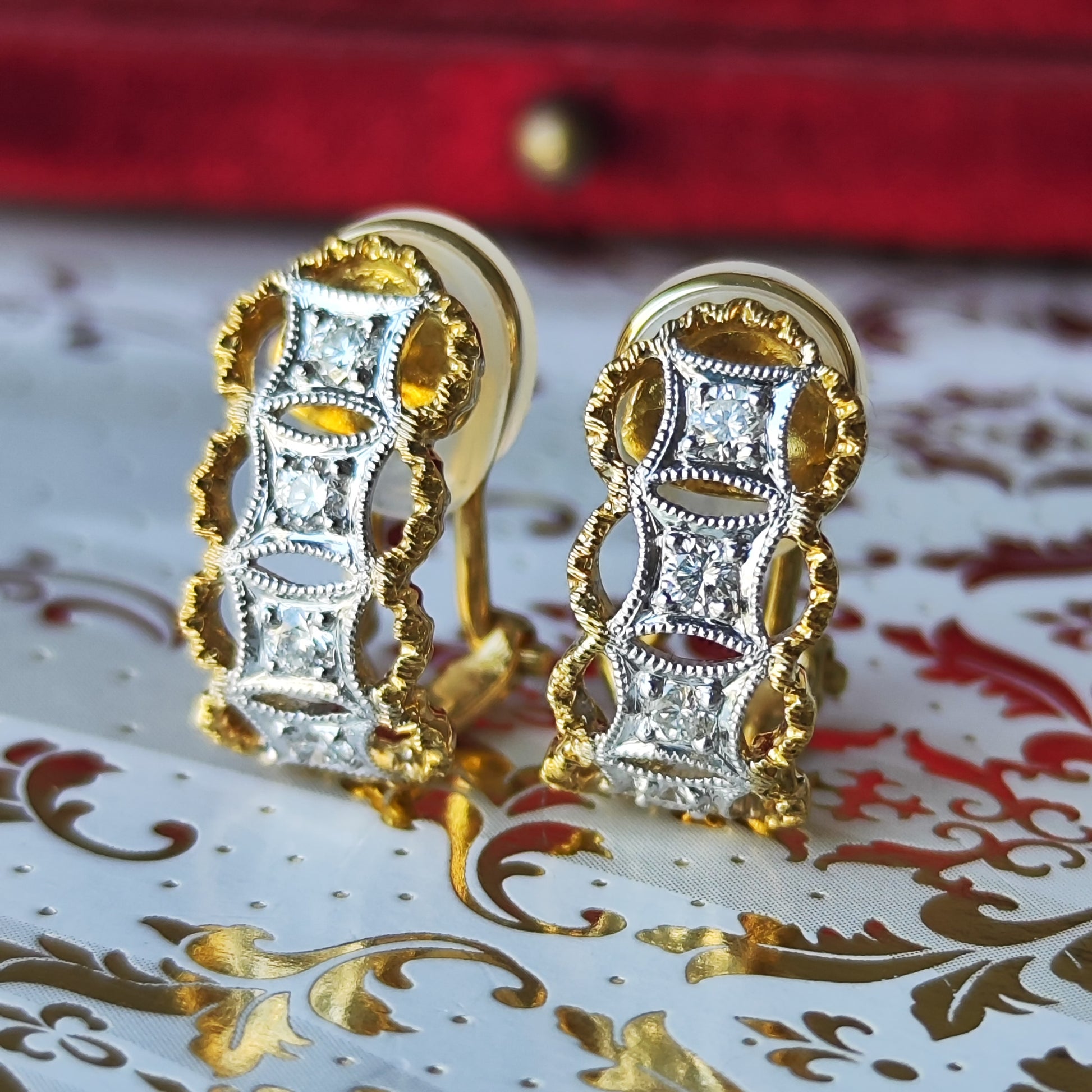 【フィレンツェ彫り】天然ダイヤモンド 18金 イヤリング