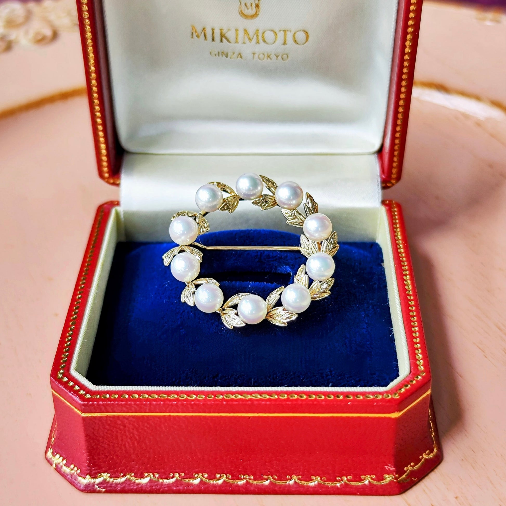 MIKIMOTO ミキモト リース型 月桂樹 ヴィンテージブローチ 14金