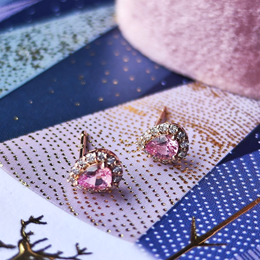 天然パパラチアサファイア ペアシェイプ天然ダイヤモンド 18金PGピアス