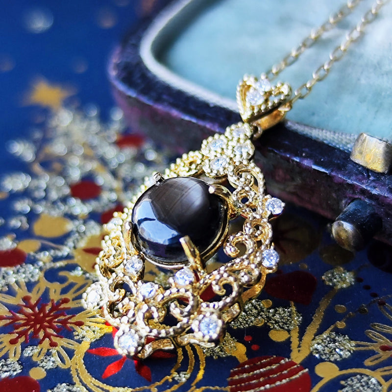 【魅惑の黒い宝石】天然ブラックスターサファイア 天然ダイヤモンド ネックレス