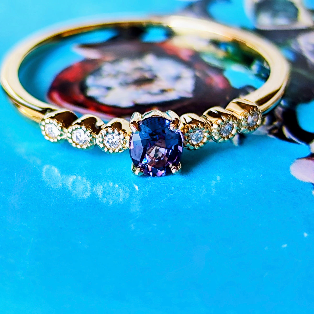 【ベキリーブルー】天然カラーチェンジガーネット 0.24ct 天然ダイヤモンド 18金リング