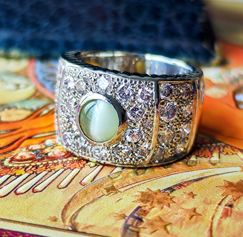 天然クリソベリルキャッツアイ 天然ピンクダイヤモンド プラチナリング