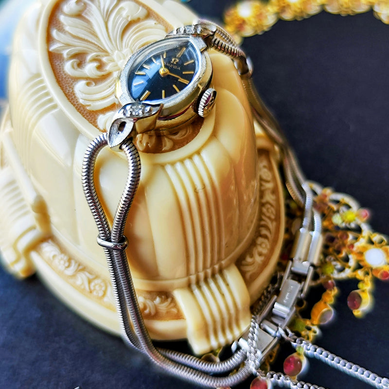 【OH済み 14金無垢時計】OMEGA オメガ 黒文字盤 ダイヤモンドベゼル カクテルウォッチ